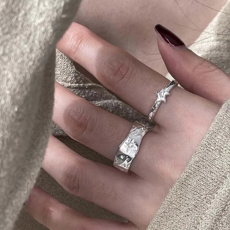 Punk Silver Color Star Open Rings for Women Men 2025 New Trendy Metal Geometric Texture Couple Rings Y2K Jewelry Accessories