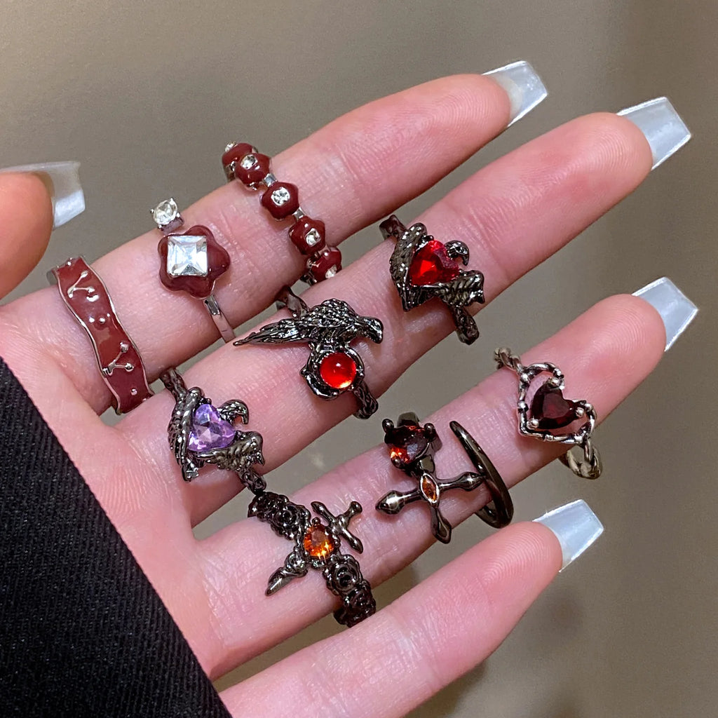 Y2K Kpop Black Silver Color Thorn Crow Rings for Women Men Punk Red Zircon Heart Opening Rings Gothic Creative Jewelry Gift