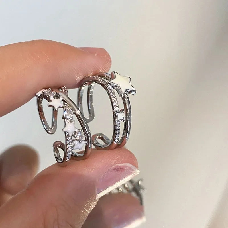 Fashion Y2K Star Zircon Crystal Rings for Women Girls Delicate Double Layer Open Ring Aesthetic Jewelry Accessories Party Gifts