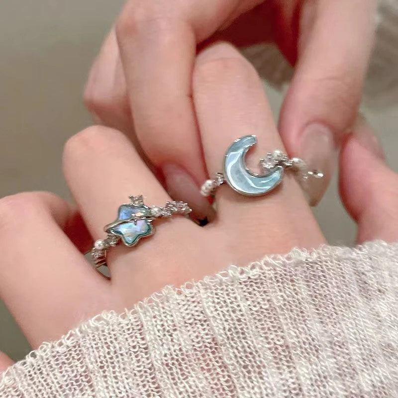 New Blue Planet Star Moon Rings for Women Zircon Rhinestone Pearl Open Finger Rings Sweet Party Y2K Jewelry 2000S Girls Gifts