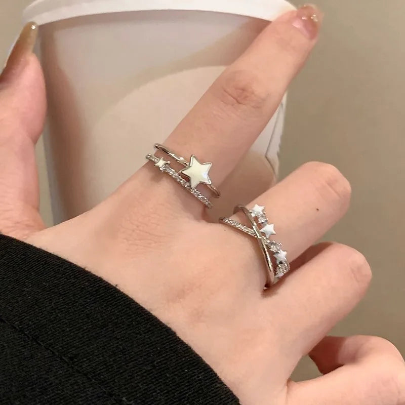 Fashion Y2K Star Zircon Crystal Rings for Women Girls Delicate Double Layer Open Ring Aesthetic Jewelry Accessories Party Gifts