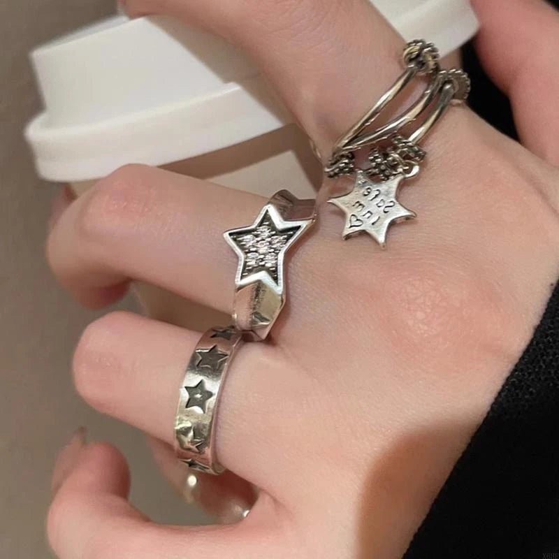 Goth Punk Harajuku Metal Pentagram Star Ring for Women Girls Vintage Aesthetic Jewelry Y2K Grunge Accessories Dropshipping