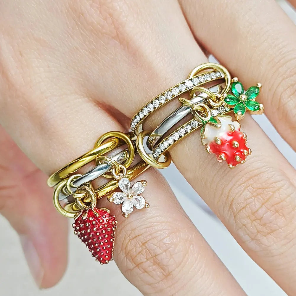 Sweet Strawberry Flower Charm Ring Set For Female INS New Stainless Steel Stacking Spinelli Kilcollin Rings Handmade Y2K Jewelry