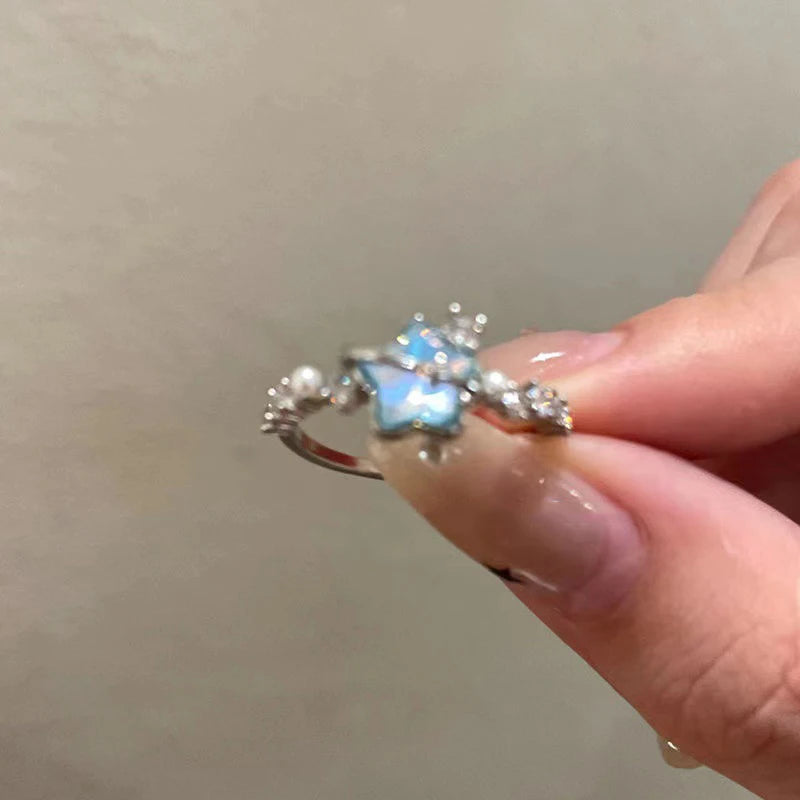 New Blue Planet Star Moon Rings for Women Zircon Rhinestone Pearl Open Finger Rings Sweet Party Y2K Jewelry 2000S Girls Gifts