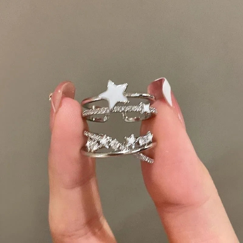 Fashion Y2K Star Zircon Crystal Rings for Women Girls Delicate Double Layer Open Ring Aesthetic Jewelry Accessories Party Gifts