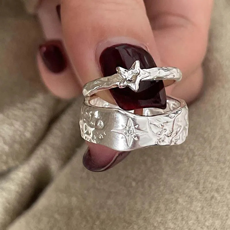Punk Silver Color Star Open Rings for Women Men 2025 New Trendy Metal Geometric Texture Couple Rings Y2K Jewelry Accessories